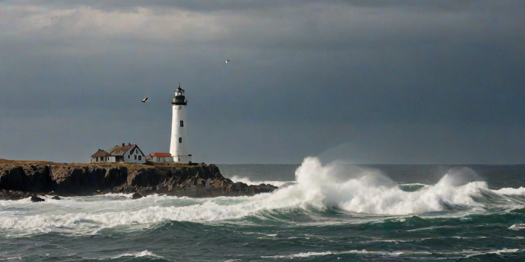 Sharp, high-contrast photo of a lighthouse standing tall on a rocky coastline, waves crashing against the rocks below, soft sunlight filtering through the clouds, distant seagulls flying overhead, the sound of the ocean filling the air.
