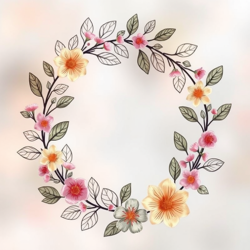 Create a botanical wreath illustration featuring intricate, hand-drawn leaves and flowers in soft pastel colors with a transparent background, captured with a Canon EOS R5 at f/4, ISO 100, using a macro lens for enhanced detail and a soft focus effect.