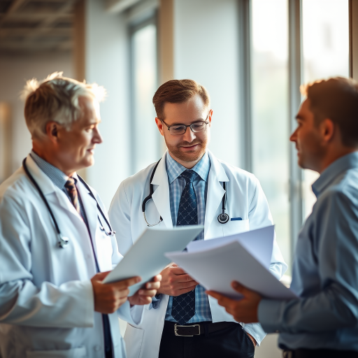 a doctor and a businessman discussing medical reports in a modern office setting, warm natural light, shallow depth of field, 50mm f/1.8 lens, ISO 200, aperture f/2.8, 1/125s shutter speed, soft focus background