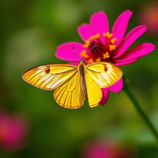 macro shot of a yellow butterfly on a vibrant pink flower with a blurred green background, aperture f/2.8, shutter speed 1/250s, ISO 100, 100mm lens, natural light, DSLR camera