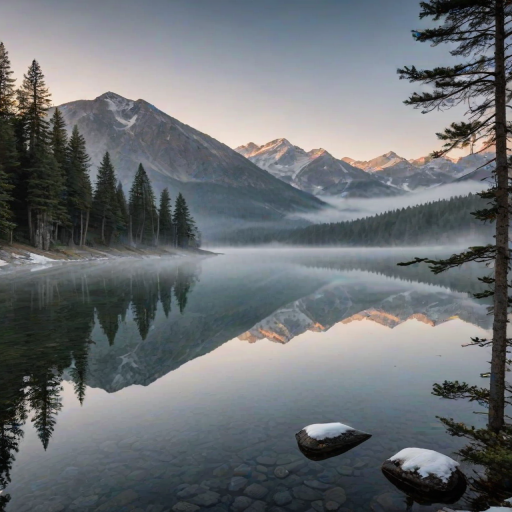 Sharp, high-resolution photo of a tranquil mountain lake at dawn, the water perfectly reflecting the snow-capped peaks, soft mist rising from the surface, pine trees lining the shore, and a serene, peaceful atmosphere.
