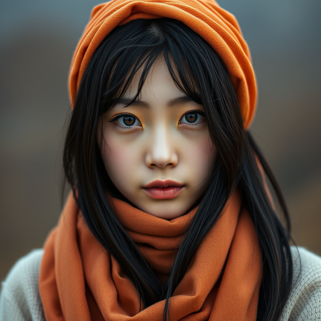 Create a portrait of a young Korean woman with long, dark hair and captivating hazel eyes. She is wearing a orange headscarf and a matching scarf draped gracefully around her neck. The background is softly blurred, focusing attention on her serene and natural expression. The overall color palette is muted and warm, enhancing the intimate and authentic feel of the portrait.