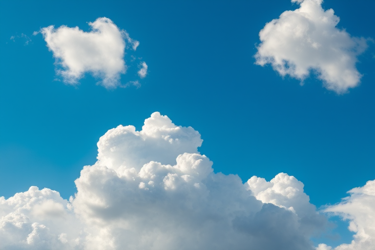 high-resolution image of fluffy clouds against a bright blue sky, taken with a DSLR camera, 50mm lens, f/8 aperture, ISO 200, shot from a low angle, soft natural lighting