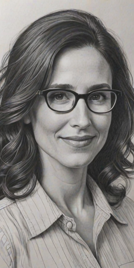 Splendid Michaela Watkins, pencil sketch, portrait of Superb woman 1948s in glasses, hair style beatnik, outline, clear lines, fine lines, 8k