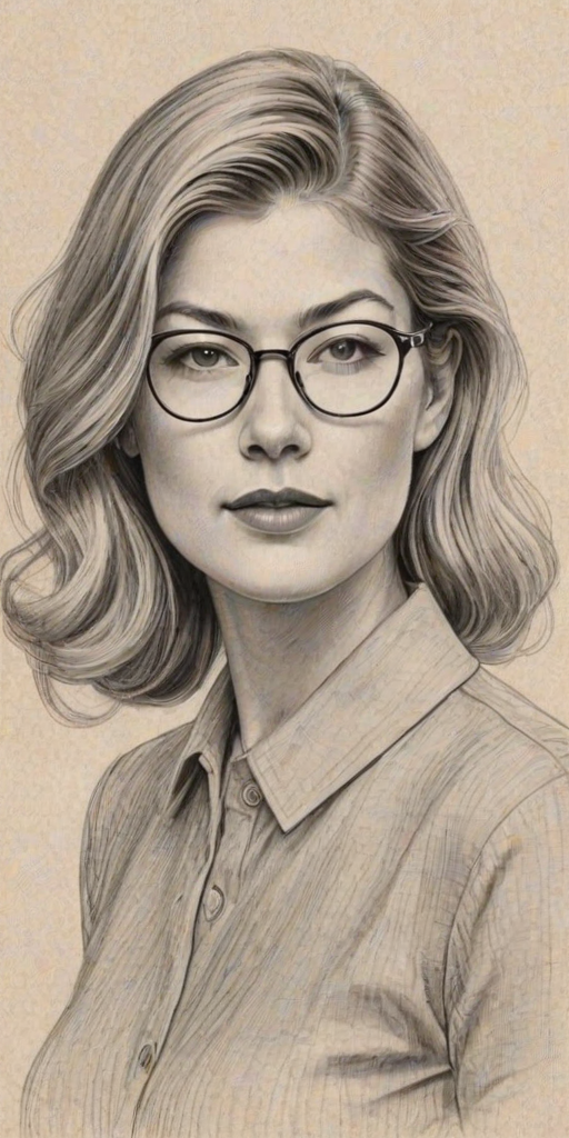 Enchanting Rosamund Pike, pencil sketch, portrait of Appealing woman 1940s in glasses, hair style beatnik, outline, clear lines, fine lines, 8k
