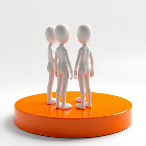 Generate a 3D rendering of four stylized, monochromatic humanoid figures standing in a close circle, using a soft focus effect, with a bright white backdrop, f/2.8 aperture, 50mm lens, ISO 100, and a high dynamic range for vibrant color contrast on a glossy orange pedestal.