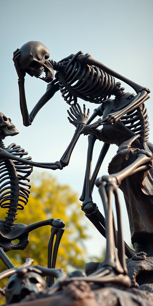 Create a high-resolution image of a dramatic bronze sculpture depicting a struggle between two skeletal figures, using a DSLR camera with a 50mm lens, f/1.8 aperture, ISO 100, and natural lighting, captured from a low angle to emphasize depth and detail.