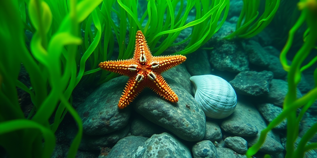 Create an underwater scene featuring vibrant green seaweed, a starfish, and a seashell resting on rocks, shot with a DSLR camera at f/8 aperture, 1/125 shutter speed, ISO 200, using a wide-angle lens for depth and clarity.