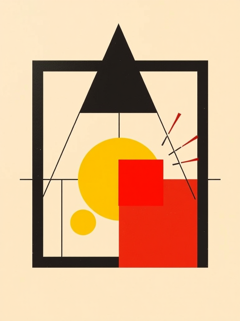 Generate an abstract geometric design featuring a black triangle, a red square, a yellow circle, and playful lines against a beige background, captured with a DSLR camera at f/8, 50mm lens, natural lighting, in a flat lay style for enhanced clarity and detail.