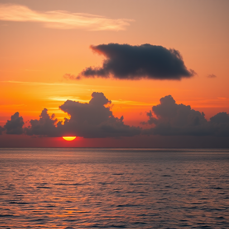 Regenerate a serene sunset landscape over a calm body of water featuring dramatic lenticular clouds, captured with a Canon EOS R5, 24-70mm lens, aperture f/8, ISO 100, 1/200s shutter speed, wide-angle view, and soft-focus style for enhanced image quality.