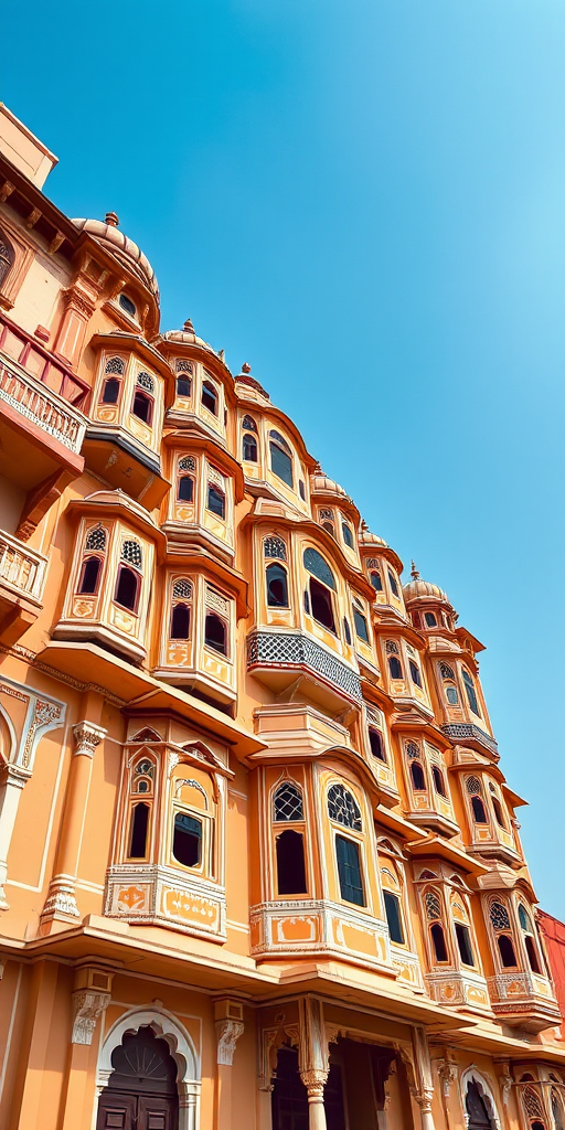 Capture an image of the Hawa Mahal in Jaipur with a wide-angle lens at f/11, ISO 100, 1/200 sec, bright daylight, focused on the palace facade to showcase intricate details and vibrant colors, using a DSLR camera for high resolution.