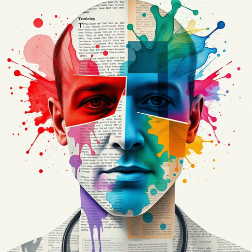 Create an abstract portrait of a faceless man made of overlapping newspaper clippings and vibrant watercolor splashes, using a DSLR camera with a 50mm lens at f/1.8, ISO 200, 1/125 sec shutter speed, maintaining a shallow depth of field to enhance colors and textures.