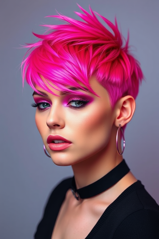 Vibrant magenta pixie cut named Neon Blaze featuring shimmering holographic highlights and edgy asymmetrical layers creating a futuristic and rebellious look perfect for avant-garde fashion enthusiasts
