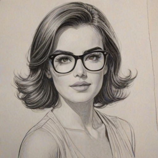 Delightful Camilla Belle, pencil sketch, portrait of Dazzling woman 1953s in glasses, hair style beatnik, outline, clear lines, fine lines, 8k