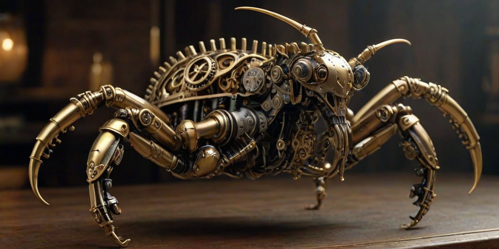Create a high-intensity, high-resolution image of a steampunk scorpion, featuring intricate clockwork mechanisms and brass gears. The scorpion should have metallic limbs with elaborate jointed segments, showcasing a blend of Victorian-era aesthetics and futuristic technology. The body should be adorned with cogwheels, pistons, and small steam vents emitting a subtle mist, the front pinchers should up up and open. Capture the scene with dramatic lighting to emphasize the mechanical details, giving it a sense of motion and life