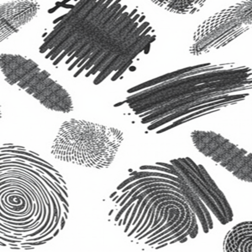 create a high-resolution image of a grid pattern featuring various black and gray fingerprint-like smudges on a white background, use a DSLR camera with a 50mm lens, aperture set to f/2.8, ISO 100, and a shallow depth of field to enhance texture and contrast, shot from a flat overhead angle.