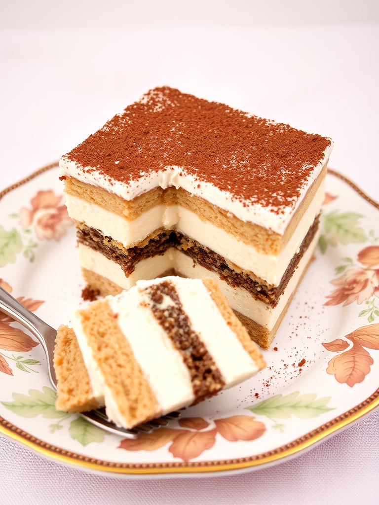 Create an image of a delicious layered dessert with a creamy texture and a dusting of cocoa powder on top. The dessert should be served on a decorative plate with a fork beside it. Include a partially eaten slice to showcase the layers of cake and cream inside. The background should be simple and neutral to emphasize the dessert.