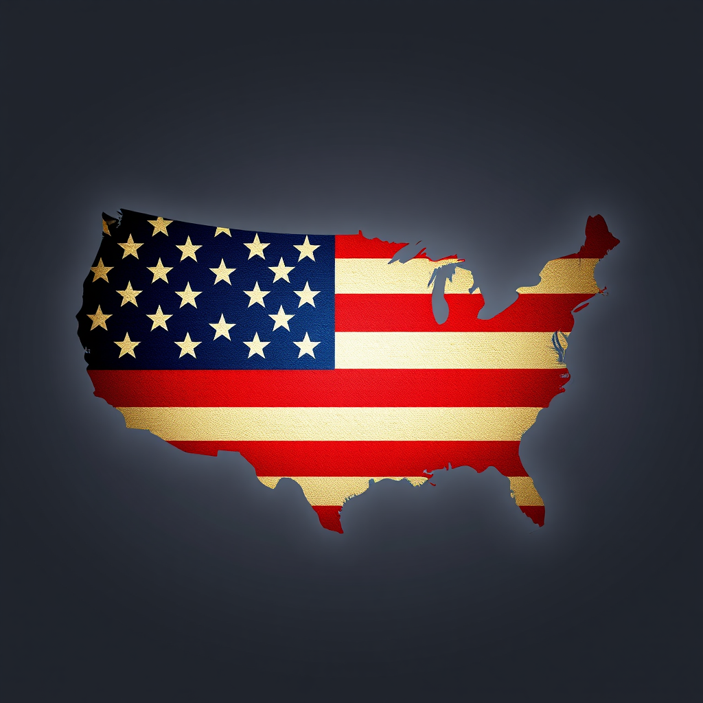 Create a high-resolution image of the United States silhouette filled with the American flag's stars and stripes, using a DSLR camera at f/8 aperture, 50mm lens, top-down perspective, and soft diffused lighting.