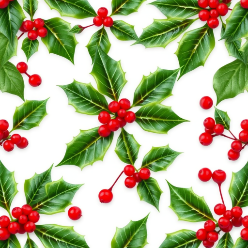 Create a seamless pattern design featuring holly leaves and berries in a vibrant color palette with a white background, captured using a DSLR camera, 50mm lens, aperture f/2.8, ISO 100, natural lighting for enhanced detail and texture.