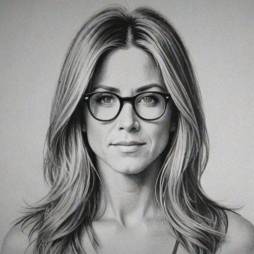 Fascinating Jennifer Aniston, pencil sketch, portrait of Dazzling woman 1966s in glasses, hair style beatnik, outline, clear lines, fine lines, 8k