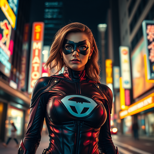 Create an image of a female superhero in a city at night, wearing a sleek, modern costume featuring a prominent logo, with dramatic lighting and reflections from surrounding neon signs, captured with a Canon EOS R5, 50mm lens, f/1.8 aperture, ISO 200, low angle view, high saturation and sharp focus.