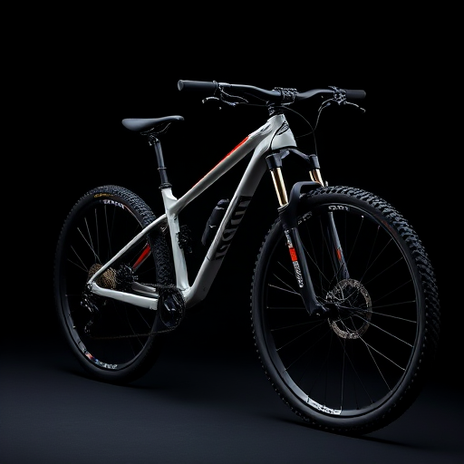 Create a high-resolution, dynamic image of a mountain bike against a black background, using a 50mm lens at f/2.8, ISO 100, with a softbox for lighting, using a DSLR camera with macro mode for enhanced detail and clarity.