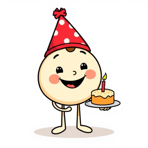 A cartoon character with a round body wearing a festive red party hat holding a cake with a candle on a plate smiling happily in a simple, colorful style.