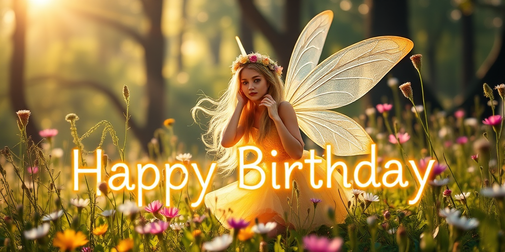 Create a serene fantasy scene featuring a fairy with long flowing hair, wearing a yellow dress and a flower crown, surrounded by wildflowers and soft sunlight filtering through trees, include the text "Happy Birthday" in glowing letters, shot with a Canon EOS R5, 50mm lens, f/1.8, ISO 100, in a vibrant, dreamlike style.