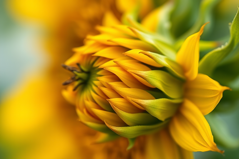 macro shot of a sunflower bud with intricate detail, shallow depth of field, soft bokeh background, taken with a DSLR camera at f/2.8, 100mm lens, ISO 200, natural light, focus on the texture and colors of the bud