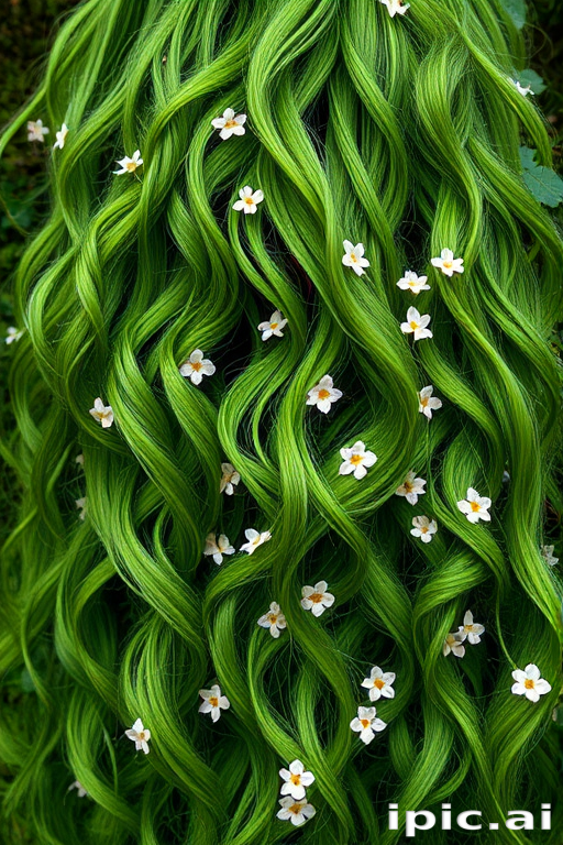 Enchanted forest green tresses intertwined with living vines and tiny blooming flowers, cascading in loose waves to create a magical woodland aesthetic