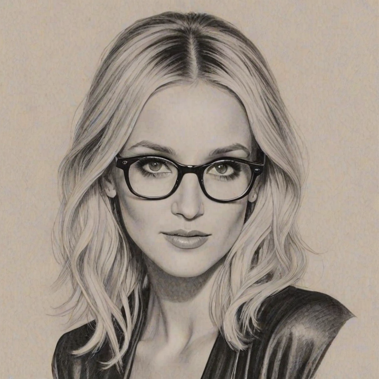 Stunning Ashlee Simpson, pencil sketch, portrait of Resplendent woman 1941s in glasses, hair style beatnik, outline, clear lines, fine lines, 8k