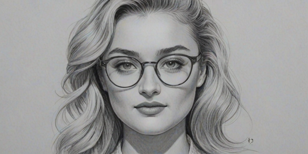 Radiant AJ Michalka, pencil sketch, portrait of Sublime woman 1944s in glasses, hair style beatnik, outline, clear lines, fine lines, 8k
