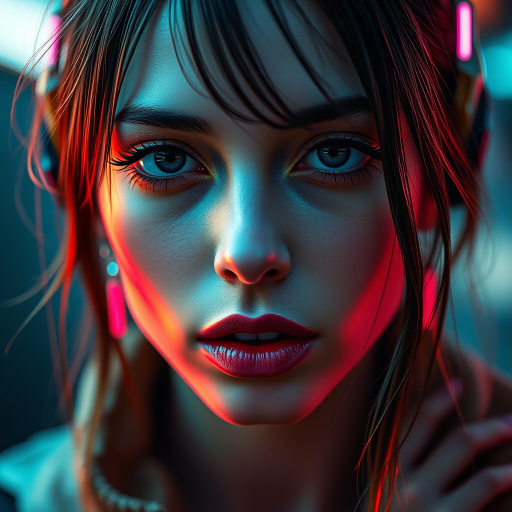 Regenerate a cyberpunk female portrait with intricate detailing, soft focus, vibrant neon colors, sharp contrast, 50mm lens, f/1.8 aperture, ISO 100, shallow depth of field, shot in low light, digital painting style.
