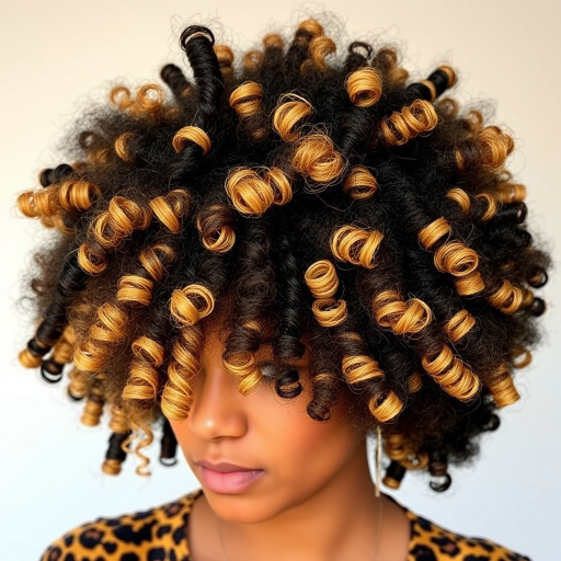 Funky leopard print hair featuring a blend of black, golden blonde, and warm brown tones, styled in a voluminous afro with defined coils