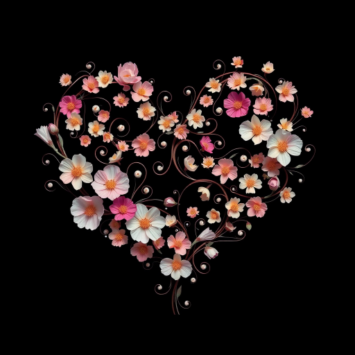 Create a heart shape filled with intricate swirling floral patterns set against a solid black background, captured with a Nikon D850, 50mm lens, f/1.8 aperture, ISO 100, in a high-resolution macro photography style.