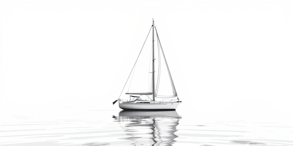 regenerate a detailed illustration of a sailboat sailing on calm waters with a clear sky, using a DSLR camera with a 50mm lens at f/8, ISO 100, and a shutter speed of 1/200s, shot from a low angle to emphasize the sailboat and capture the reflection on the water, in a realistic sketch style