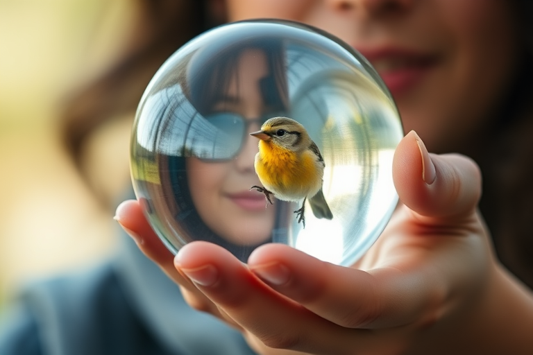 A close-up shot of a person holding a reflective crystal ball with a bird inside, soft focus background, shallow depth of field, ISO 100, f/2.8, 50mm lens, taken with a DSLR camera, natural lighting.