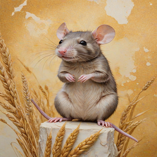Soft, muted Alcohol Ink with ebru effect background image of tiny whimsical rat, who climbed high on the top of a golden rye ear.