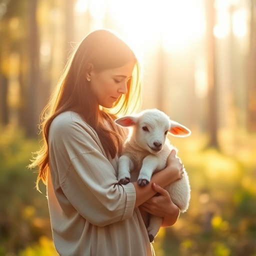 Create a serene scene of a compassionate figure holding a gentle lamb in a sunlit forest clearing, with soft, diffused lighting, shallow depth of field, 50mm lens, f/2.8 aperture, ISO 100, and a warm color palette to enhance the emotional atmosphere.
