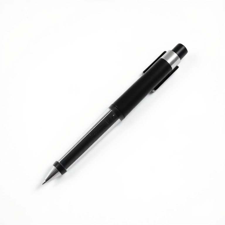 Create a high-resolution image of a black pen on a white background, 50mm lens, f/2.8 aperture, ISO 100, 1/200s shutter speed, taken from a slight above angle with a soft shadow effect for depth.
