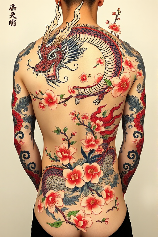 Elegant Japanese irezumi tattoo of a fierce dragon entwined with cherry blossoms, featuring bold colors and traditional motifs, flowing seamlessly across the entire back and arms