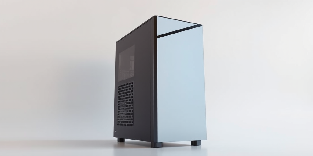 Render a sleek, modern computer tower against a gradient background, captured with a DSLR camera at f/2.8 aperture, ISO 100, 50mm lens, with soft studio lighting from an overhead softbox to enhance details and reflections.