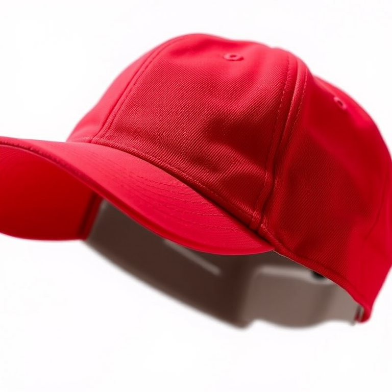 Generate an image of a red baseball cap, side view, with a smooth texture and clear details, using a DSLR camera set to f/2.8 aperture, ISO 100, and 50mm lens, shot at eye level with natural lighting to enhance color vibrancy.
