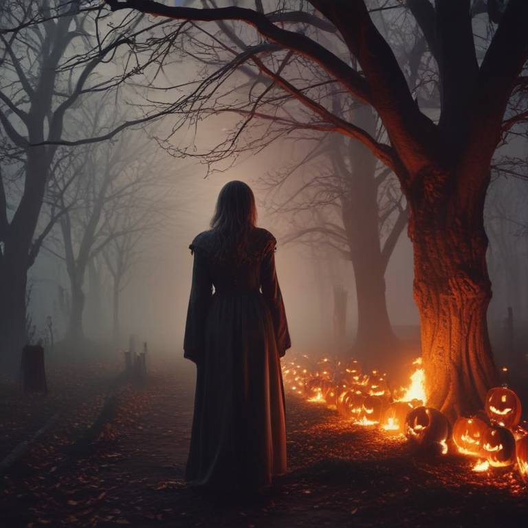 Haunting Night: A Mysterious Figure Strolls Through a Foggy Halloween Scene