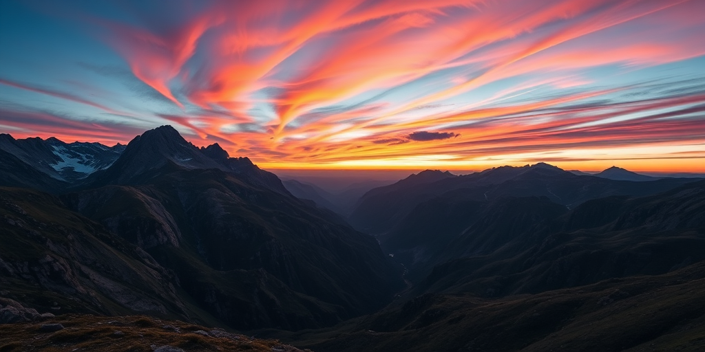 Generate an image of a serene mountain landscape during sunset with vibrant colors in the sky, captured with a Canon EOS R5, 24mm lens, aperture f/11, ISO 100, in landscape orientation using a wide-angle perspective.