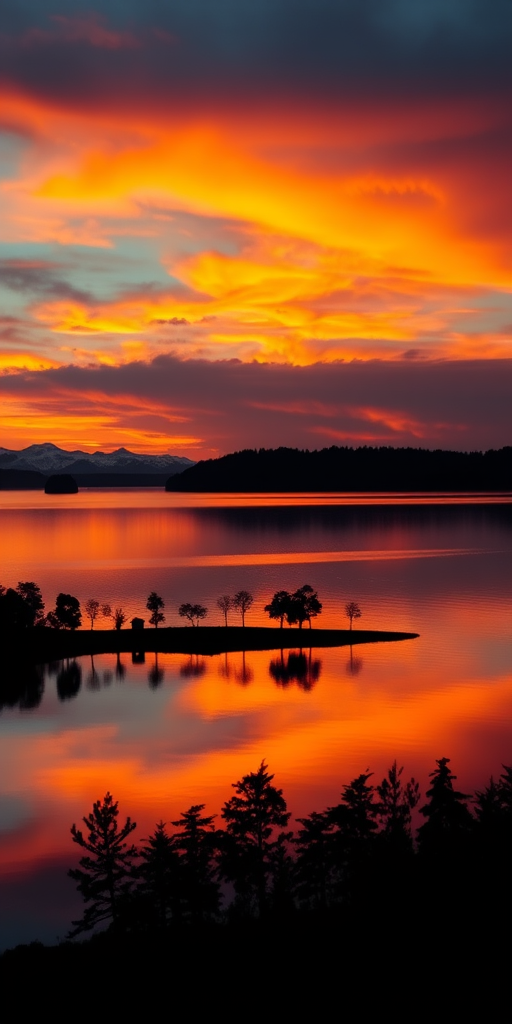 Create a vibrant sunset over a calm lake reflecting the colors of the sky, with silhouetted trees on the shoreline, shot with a Canon EOS R5 using a 24-70mm f/2.8 lens, aperture set to f/8, ISO 100, and a shutter speed of 1/100 sec, in a landscape orientation for enhanced detail and clarity.