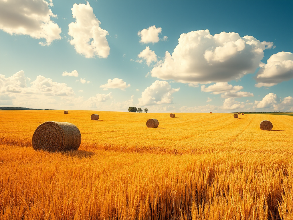 Create a vibrant landscape of a golden wheat field with large round bales of hay scattered across the field, under a bright blue sky with fluffy white clouds, using a DSLR camera with a 24mm lens, aperture set to f/8, shutter speed of 1/250s, ISO 100, capturing the scene in a wide-angle perspective for enhanced depth and clarity.