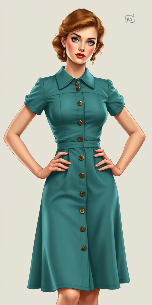 Create a detailed illustration of a woman in a vintage teal dress with buttons, standing confidently with her hands on her hips, using a DSLR camera, 50mm lens, f/1.8 aperture, ISO 100, 1/200s shutter speed, in a studio setting with soft lighting to enhance colors and details.