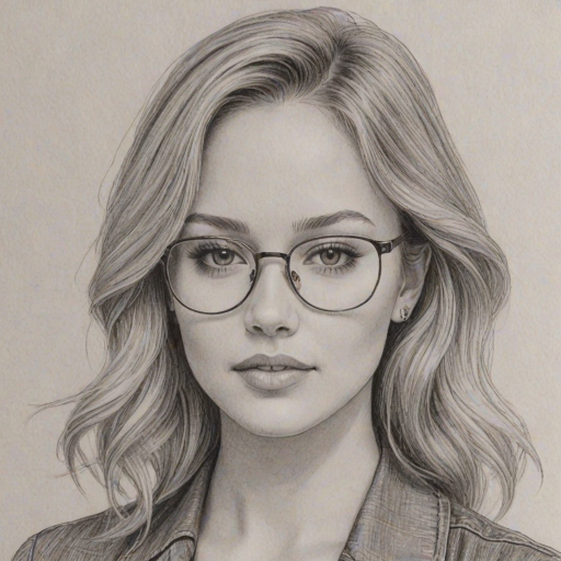 Elegant Kelli Berglund, pencil sketch, portrait of Comely woman 1980s in glasses, hair style beatnik, outline, clear lines, fine lines, 8k