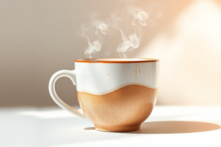 high-resolution digital watercolor illustration of a steaming coffee cup with a textured ceramic finish, soft natural lighting, 50mm lens, f/1.8 aperture, shallow depth of field, captured in a studio setting